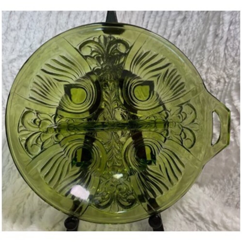 VINTAGE KILLARNEY GREEN Glass Divided Relish/Candy/Nut Dish Fluer de Lis EUC